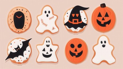 Obraz premium Spooky Halloween Cookie Assortment, a vibrant flat design featuring an array of whimsical cookies in ghost, pumpkin, and bat shapes, perfect for festive celebrations.