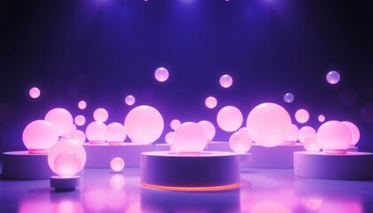 futuristic display with floating glowing orbs product highlighted with bright violet light dark backdrop with gentle shadows modern and dynamic