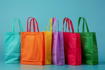 Multicolored reusable shopping bags lined up in a row on a light blue background