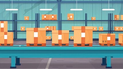 Warehouse Conveyor Efficiency, a vibrant flat design illustration depicting packed goods moving seamlessly along a conveyor belt, showcasing the dynamics of logistics and storage.