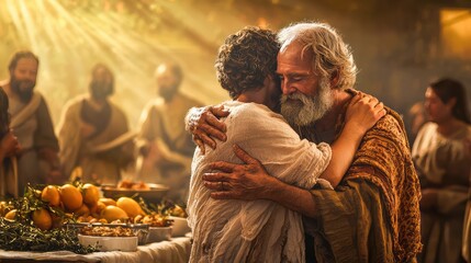 Heartfelt depiction of the Parable of the Prodigal Son, showing the returning son embraced by his father, with a lavish feast prepared in the background