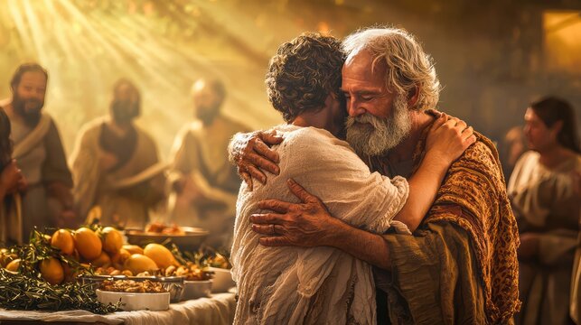 Heartfelt depiction of the Parable of the Prodigal Son, showing the returning son embraced by his father, with a lavish feast prepared in the background