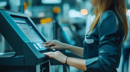 A woman in a blue jacket is using a touchscreen with a graph on it.