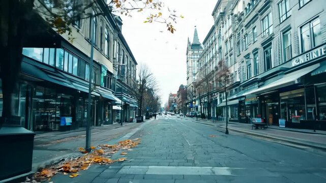 Camera moves along cozy empty European street. Architecture of buildings and houses. City alley with paving stones. Urban road at historical town. Europe culture and history concept. Tourists landmark