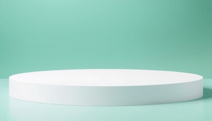 minimalist podium with a soft white finish gradient background blending from pastel green to dark teal podium positioned slightly off-center enhancing depth and visual inter