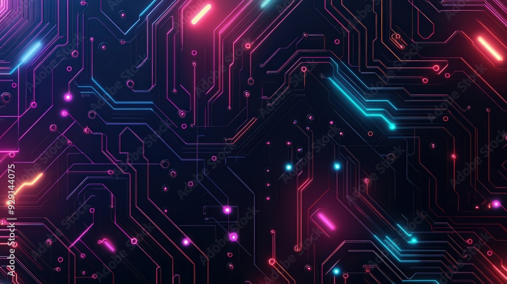 Wall mural neon circuit aesthetic, a sleek design featuring a simplified circuit board pattern illuminated by v