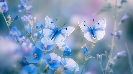 blue butterflies flying over a field of white flowers.