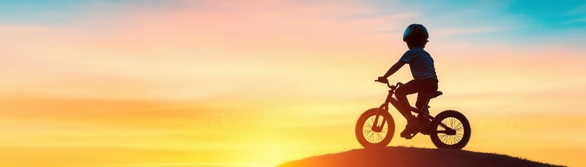 Fototapeta premium Silhouette of a Boy Perfecting Balance on a Bike, A child learns to ride using a balance bike, showcasing determination and skill without training wheels.