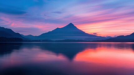 Serene Sunset Reflections, vibrant orange and purple hues painting the sky, calm waters mirroring the beauty, majestic mountains framing the peaceful scene.