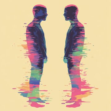 Emotional drift depicted as a digital glitch, two figures splitting, front view, tetradic color scheme, scifi tone, flat design illustration