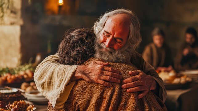 Heartfelt depiction of the Parable of the Prodigal Son, showing the returning son embraced by his father, with a lavish feast prepared in the background