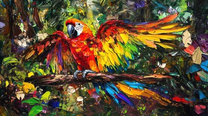 Obraz premium A colorful painting of a parrot sitting on top of some branches, AI