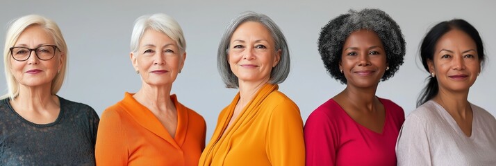 A group of women are standing in a row, all wearing different colored shirts. Scene is cheerful and positive, as the women are smiling and posing for the camera