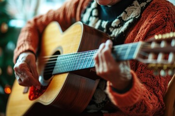 Fototapeta premium Senior woman mastering the guitar in a cozy indoor environment with fingers on strings