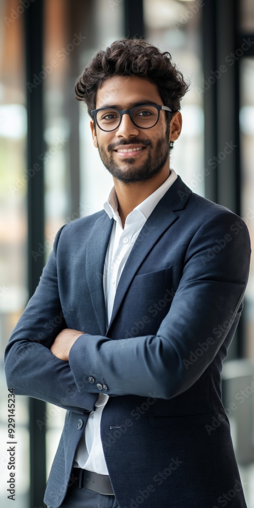 Poster a man in a suit and glasses is smiling for the camera. he is wearing a blue jacket with a pattern on