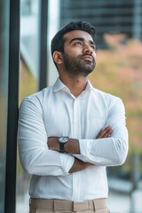 A man in a white shirt and tan pants is standing in front of a window, looking out at the street. He is wearing a watch and has his arms crossed. Concept of contemplation and introspection