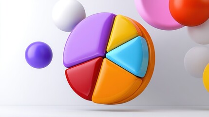 Fototapeta premium Colorful geometric shapes floating around a pie chart, representing creativity and playful design in a modern setting.