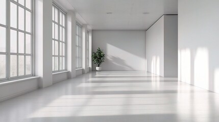Minimalist Modern Corridor: Clean, bright, and spacious, this minimalist hallway features expansive windows, a single plant, and gleaming white floors, offering a serene and contemporary aesthetic. Pe