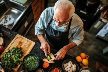 Senior Man in Cooking Class Mastering Chopping Technique from Overhead View