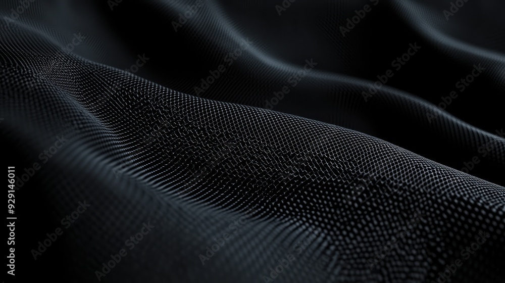 Poster a close-up of textured black fabric, showcasing its wave-like patterns and depth.