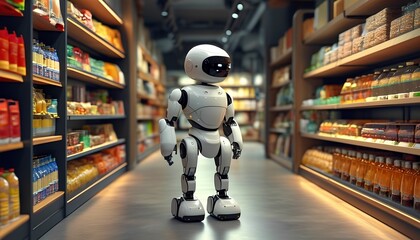 Obraz premium A friendly white robot, standing in a supermarket aisle, shelves stocked with various products, modern design, bright lighting