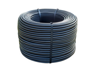 Large coil of black plastic tubing isolated on transparent or white background