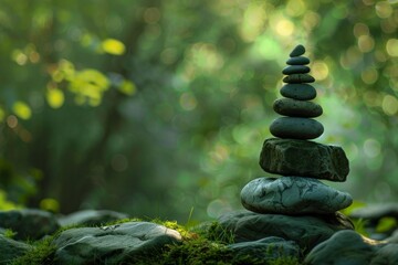 Obraz premium A serene stack of stones on a moss-covered area in a tranquil forest