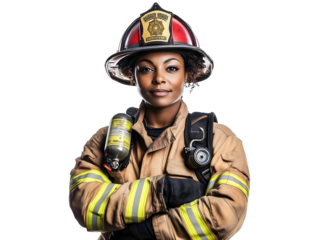 Female firefighter in uniform isolated on transparent or white background