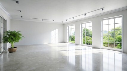 Obraz premium Spacious white empty room with neutral walls and floor, minimalistic decor, and plenty of natural light, perfect for product placement or design mockup.