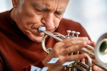 Senior Man Mastering a New Skill - Learning to Play Trumpet with Music Notes Front View, Focused Expression and Musical Instrument Practice