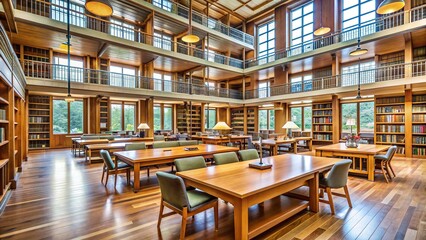 Spacious university library with wooden desks, shelves filled with books, and comfortable seating areas, creating a peaceful atmosphere for students to study and learn.