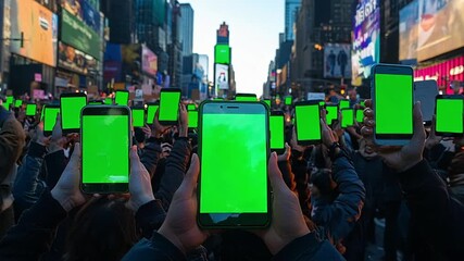 People gathered at a protest in a city holding up smartphones to record but each phone screen is a chroma key green screen.