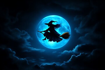 A silhouetted witch flying on a broomstick under a bright blue full moon, surrounded by dark, atmospheric clouds.