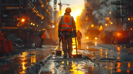 Construction Worker Pouring Concrete at Industrial Building Site with Cranes and Scaffolding in the Background