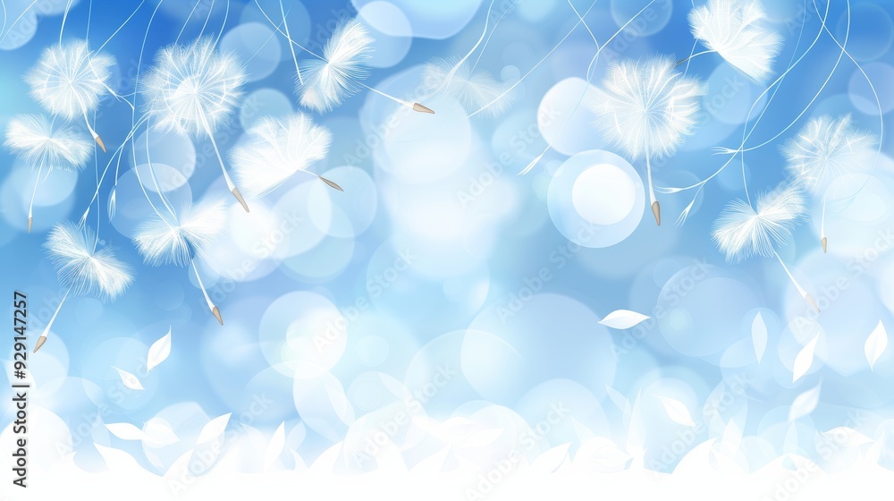 Aufkleber dandelion seeds floating in air on soft blue backdrop with beautiful bokeh effects