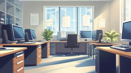 Modern Office Interior: A serene and bright office space with a large window overlooking the cityscape, featuring sleek desks, modern computers, and a comfortable chair. 