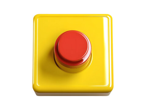 Red emergency stop button on yellow base isolated on transparent or white background