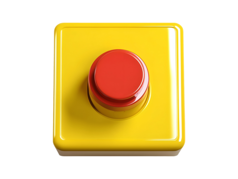 Red emergency stop button on yellow base isolated on transparent or white background