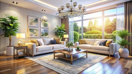 Naklejka premium Sparkling clean floors, shiny surfaces, and organized shelves fill a bright, airy living room, conveying a sense of refreshing calm and domestic tranquility.