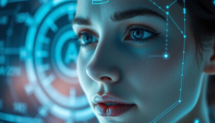 close-up of a woman s face being processed by ai digital facial recognition overlay and data analysis futuristic screen and glowing interface in the background soft blue lig