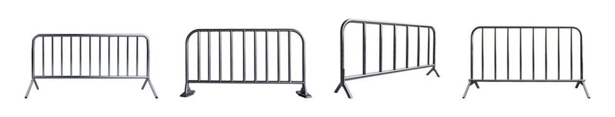 Collection set of metal crowd control barriers isolated on transparent or white background