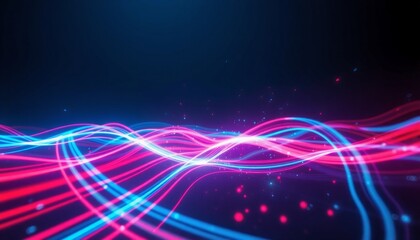 Obraz premium bright blue and red digital lines flow in a swirling pattern through a dark digital expanse with light trails and scattered data points illuminating the virtual space