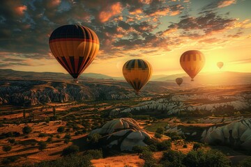 Bright and colorful balloons soar over rugged mountain scenery at sunset