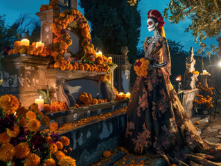 Fototapeta premium Portrait of a mexican catrina at the cemetery. Day of the dead