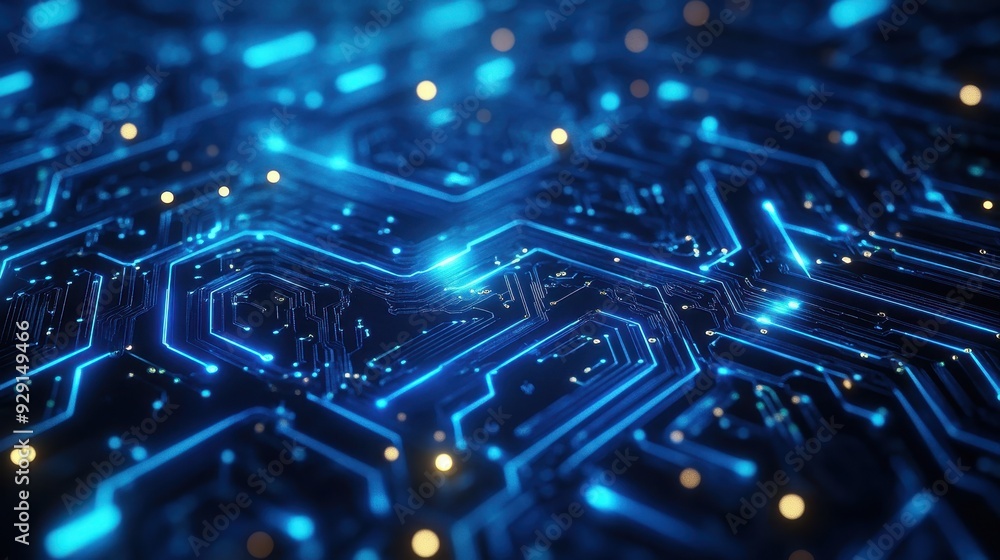 Aufkleber a close-up view of a futuristic circuit board with glowing blue lines and lights.