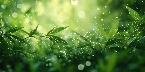 Lush Green Foliage Bathed in Soft Sunlight and Rain