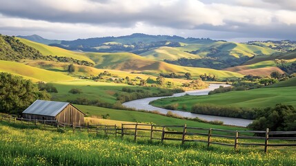 Obraz premium a valley with a small wooden house and a river flowing through green fields. T