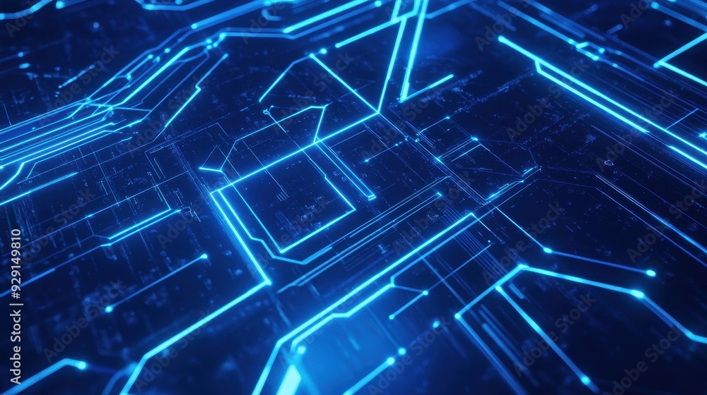 Poster a close-up view of a futuristic circuit board with glowing blue lines and patterns.