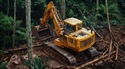 A large excavator clears trees and soil in a lush rainforest environment