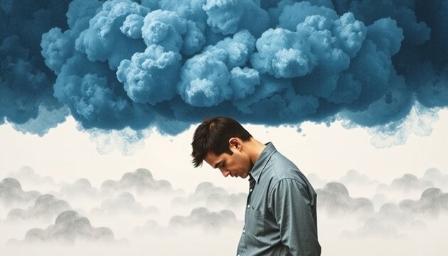 Person with head bowed dark blue cloud above chaotic patterns isolated on white